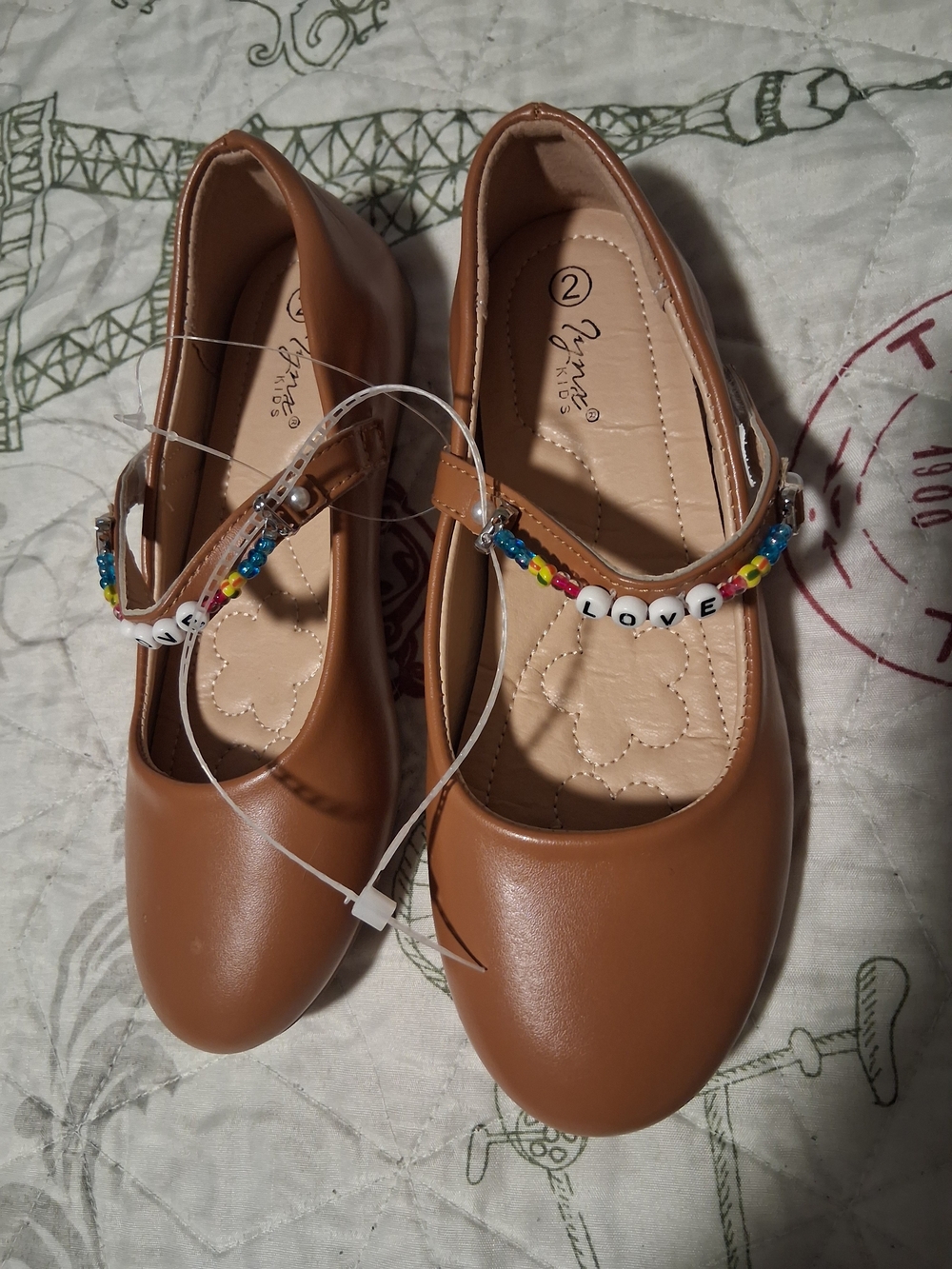 NWOT Girls Tan Mary Jane Dress Shoes with Beaded 'LOVE' Strap